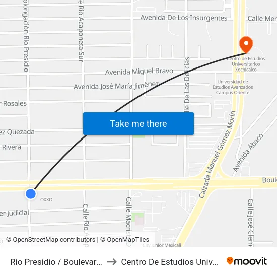 Río Presidio / Boulevard Lázaro Cárdenas to Centro De Estudios Universitarios Xochicalco map