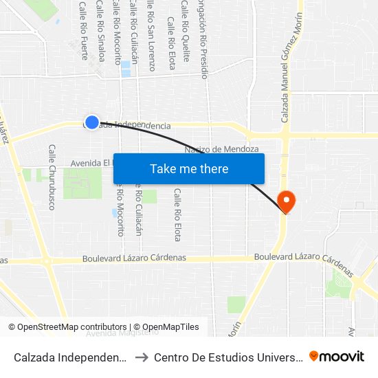 Calzada Independencia / Río Fuerte to Centro De Estudios Universitarios Xochicalco map