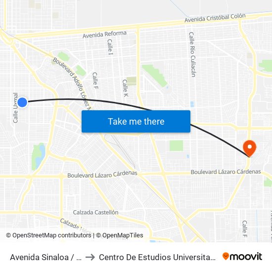 Avenida Sinaloa / Progreso to Centro De Estudios Universitarios Xochicalco map