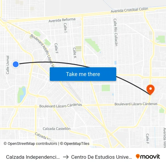Calzada Independencia / Villa Hermosa to Centro De Estudios Universitarios Xochicalco map