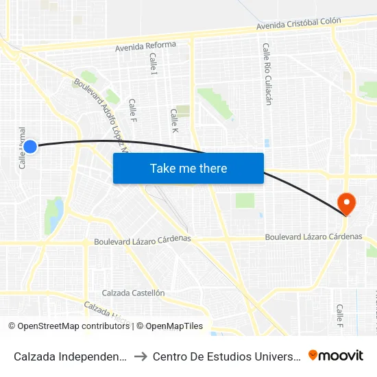 Calzada Independencia / Progreso to Centro De Estudios Universitarios Xochicalco map