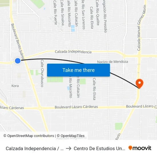 Calzada Independencia / María Castro Valenzuela to Centro De Estudios Universitarios Xochicalco map