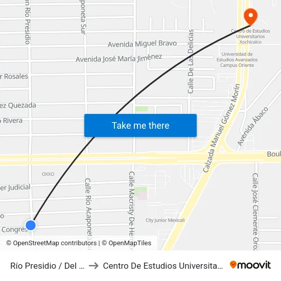 Río Presidio / Del Congreso to Centro De Estudios Universitarios Xochicalco map