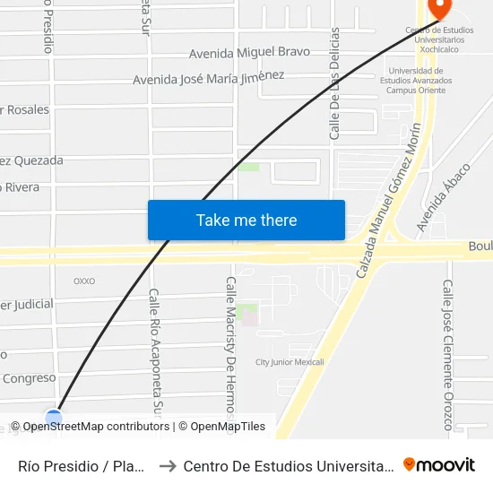 Río Presidio / Plan De Iguala to Centro De Estudios Universitarios Xochicalco map
