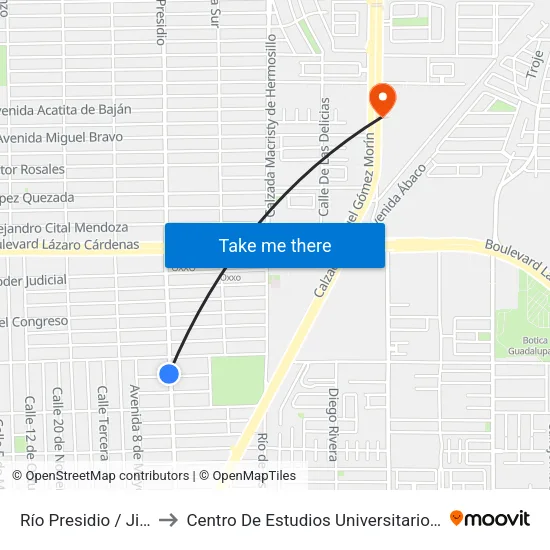 Río Presidio / Jiquilpan to Centro De Estudios Universitarios Xochicalco map