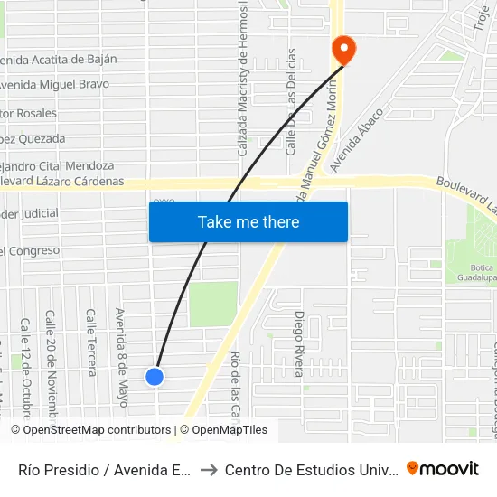 Río Presidio / Avenida Expropiación Petrolera to Centro De Estudios Universitarios Xochicalco map