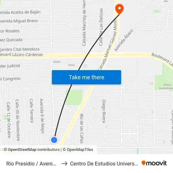 Río Presidio / Avenida 23 De Junio to Centro De Estudios Universitarios Xochicalco map