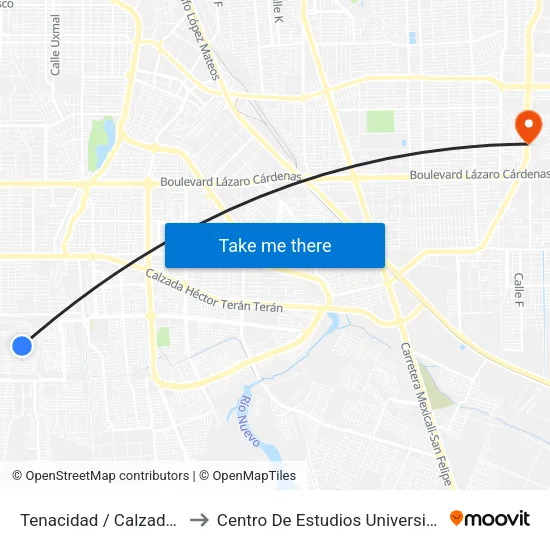Tenacidad / Calzada Del Castillo to Centro De Estudios Universitarios Xochicalco map