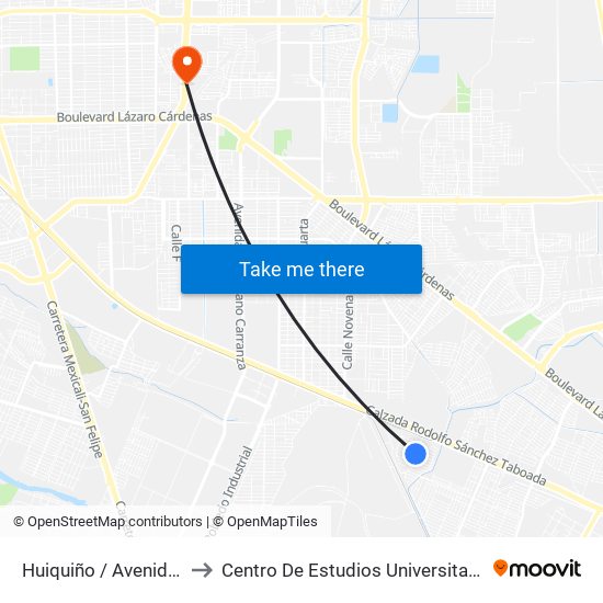 Huiquiño / Avenida Cantona to Centro De Estudios Universitarios Xochicalco map