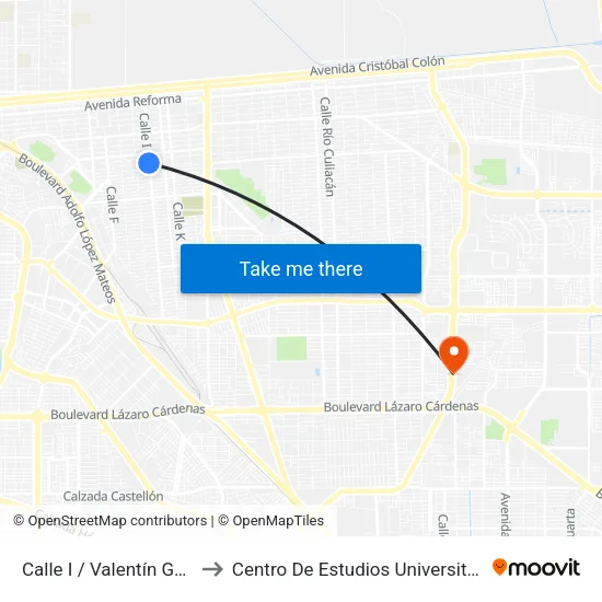 Calle I / Valentín Gómez Farías to Centro De Estudios Universitarios Xochicalco map
