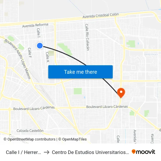 Calle I / Herreros Sur to Centro De Estudios Universitarios Xochicalco map
