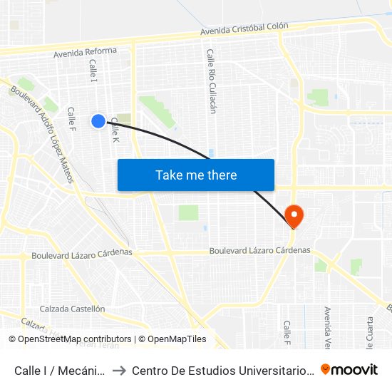 Calle I / Mecánicos Sur to Centro De Estudios Universitarios Xochicalco map