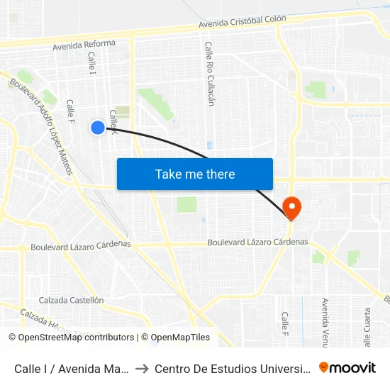 Calle I / Avenida Marmoleros Sur to Centro De Estudios Universitarios Xochicalco map