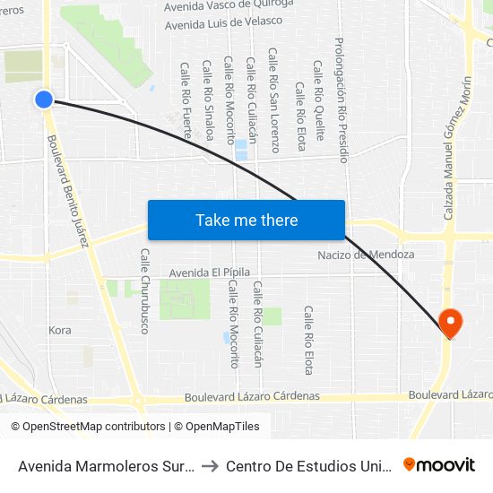 Avenida Marmoleros Sur / Calzada Justo Sierra to Centro De Estudios Universitarios Xochicalco map