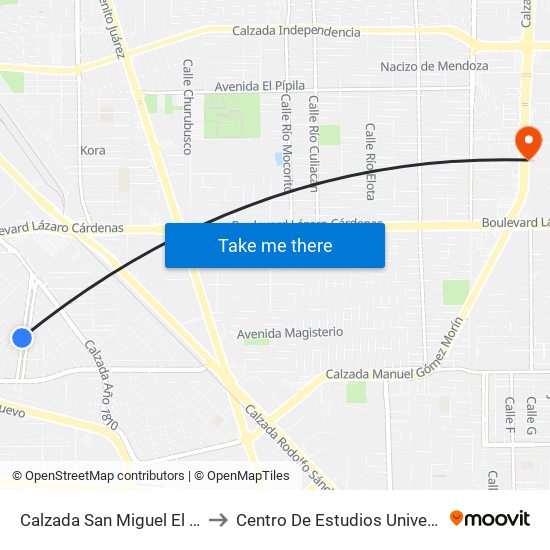 Calzada San Miguel El Grande / Calle 45 to Centro De Estudios Universitarios Xochicalco map