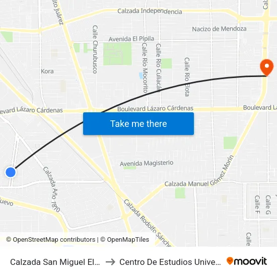 Calzada San Miguel El Grande / Calle 47 to Centro De Estudios Universitarios Xochicalco map