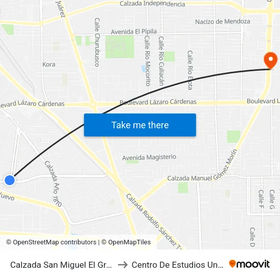 Calzada San Miguel El Grande / Calzada Castellón to Centro De Estudios Universitarios Xochicalco map