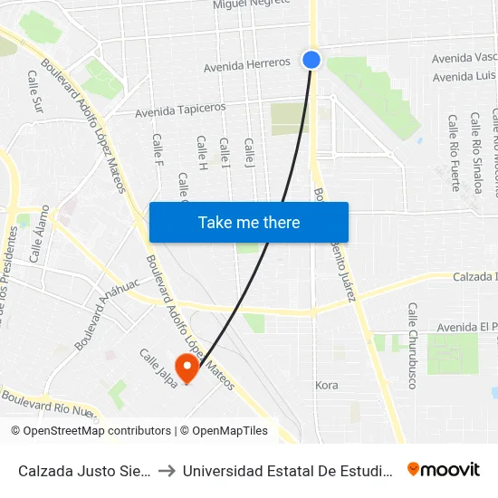 Calzada Justo Sierra, 950_1 to Universidad Estatal De Estudios Pedagogicos map