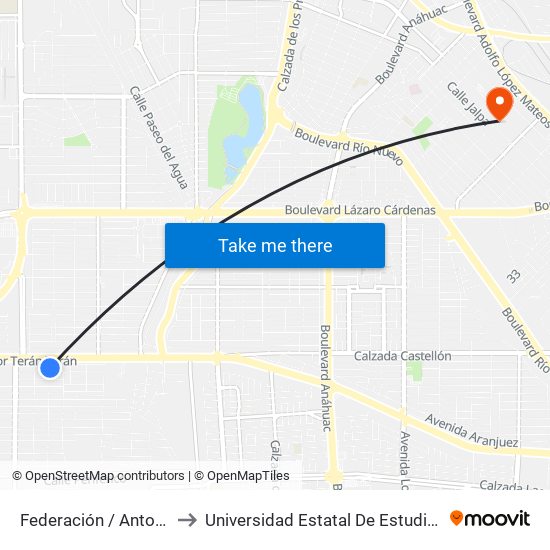 Federación / Antonio Medina to Universidad Estatal De Estudios Pedagogicos map