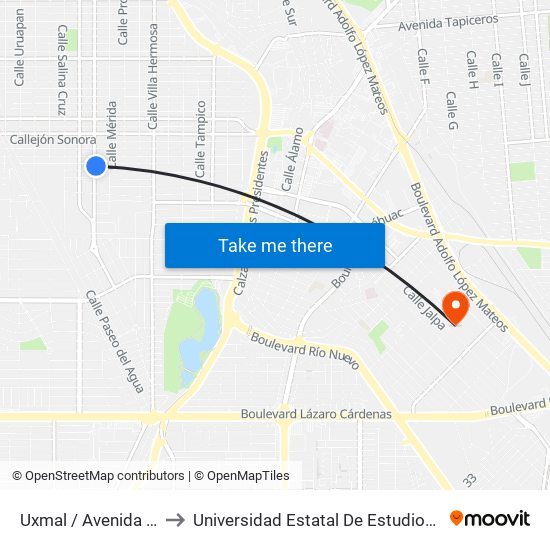 Uxmal / Avenida Coahuila to Universidad Estatal De Estudios Pedagogicos map