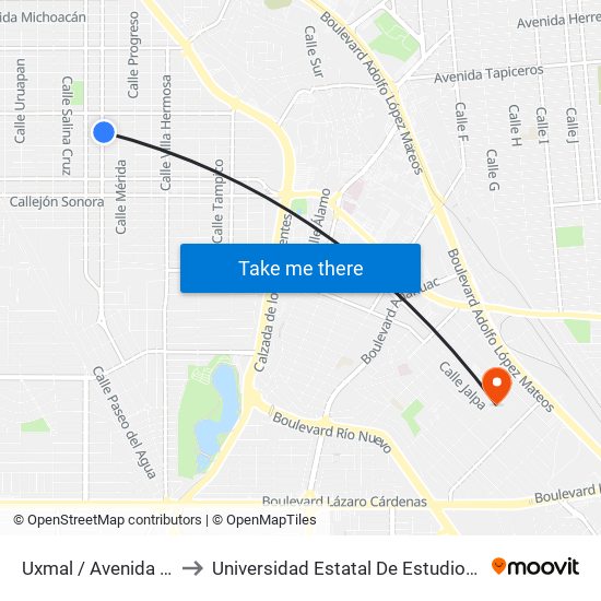 Uxmal / Avenida Veracruz to Universidad Estatal De Estudios Pedagogicos map