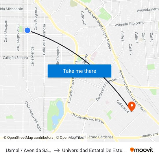 Uxmal / Avenida San Luis Potosí to Universidad Estatal De Estudios Pedagogicos map