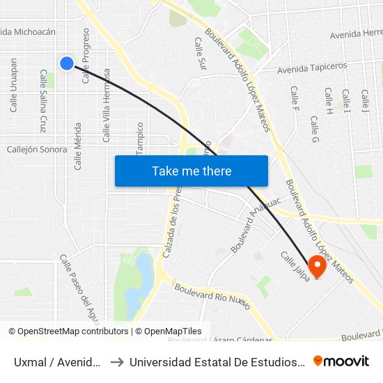 Uxmal / Avenida Puebla to Universidad Estatal De Estudios Pedagogicos map