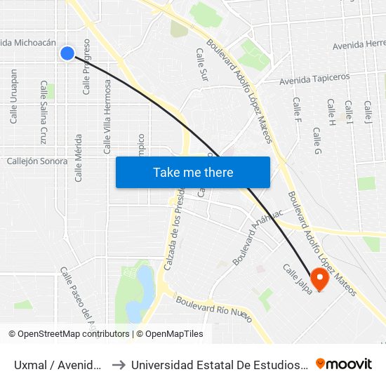 Uxmal / Avenida Nayarit to Universidad Estatal De Estudios Pedagogicos map