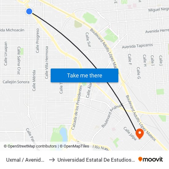 Uxmal / Avenida Colima to Universidad Estatal De Estudios Pedagogicos map