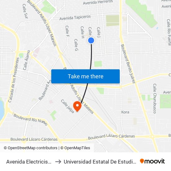 Avenida Electricistas / Calle I to Universidad Estatal De Estudios Pedagogicos map