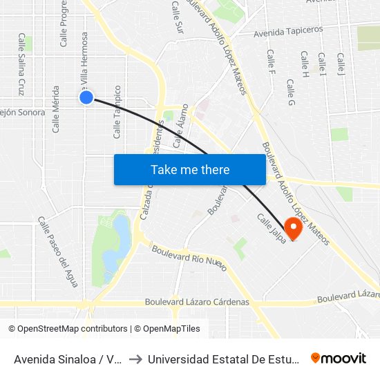 Avenida Sinaloa / Villa Hermosa to Universidad Estatal De Estudios Pedagogicos map