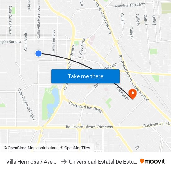 Villa Hermosa / Avenida Chihuahua to Universidad Estatal De Estudios Pedagogicos map