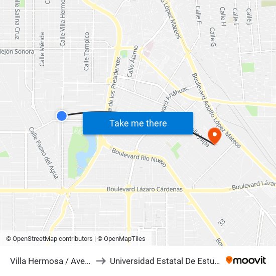 Villa Hermosa / Avenida Tecomán to Universidad Estatal De Estudios Pedagogicos map