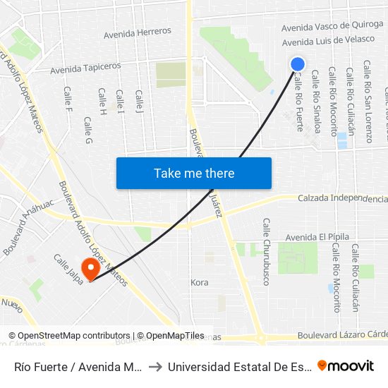 Río Fuerte / Avenida Mariano Matamoros to Universidad Estatal De Estudios Pedagogicos map