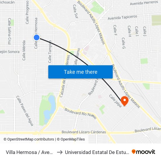 Villa Hermosa / Avenida Zacatecas to Universidad Estatal De Estudios Pedagogicos map