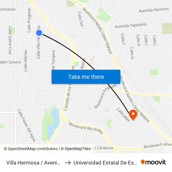 Villa Hermosa / Avenida San Luis Potosí to Universidad Estatal De Estudios Pedagogicos map