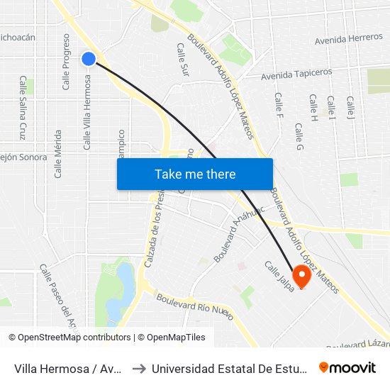 Villa Hermosa / Avenida Oaxaca to Universidad Estatal De Estudios Pedagogicos map