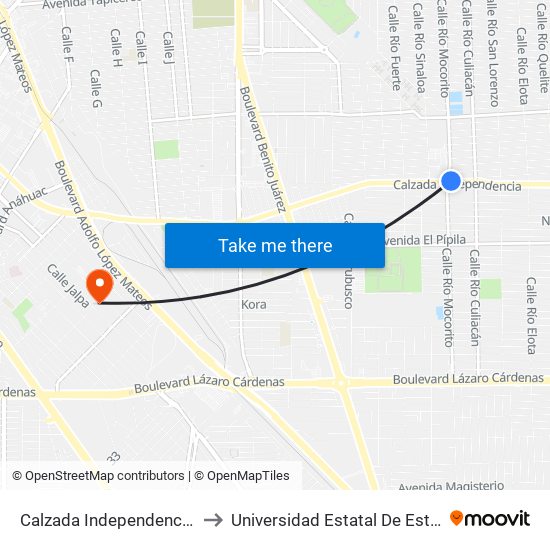 Calzada Independencia / Río Mocorito to Universidad Estatal De Estudios Pedagogicos map