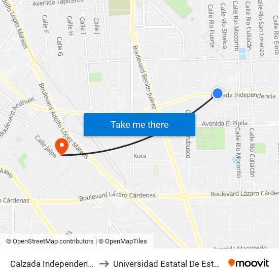 Calzada Independencia / Río Fuerte to Universidad Estatal De Estudios Pedagogicos map