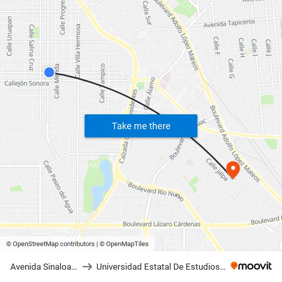 Avenida Sinaloa / Uxmal to Universidad Estatal De Estudios Pedagogicos map