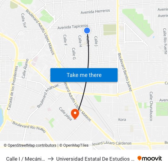 Calle I / Mecánicos Sur to Universidad Estatal De Estudios Pedagogicos map