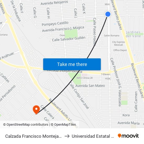 Calzada Francisco Montejano / Avenida Jorge López Colada to Universidad Estatal De Estudios Pedagogicos map