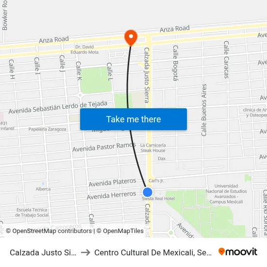 Calzada Justo Sierra, 950_1 to Centro Cultural De Mexicali, Seminario Diocesano map