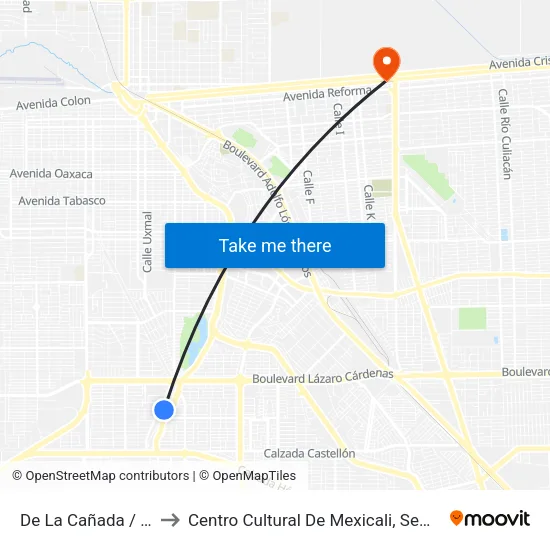 De La Cañada / Callejón E to Centro Cultural De Mexicali, Seminario Diocesano map