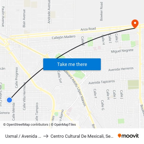 Uxmal / Avenida Zacatecas to Centro Cultural De Mexicali, Seminario Diocesano map