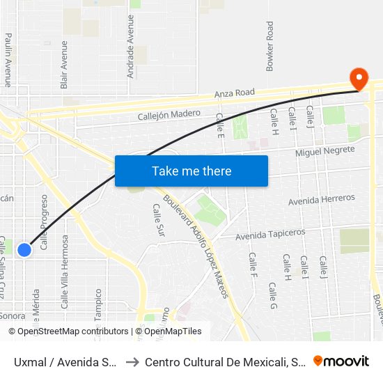 Uxmal / Avenida San Luis Potosí to Centro Cultural De Mexicali, Seminario Diocesano map