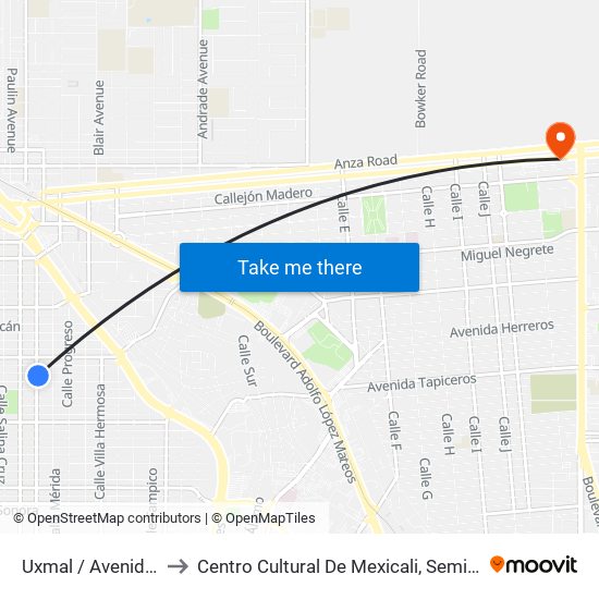 Uxmal / Avenida Puebla to Centro Cultural De Mexicali, Seminario Diocesano map