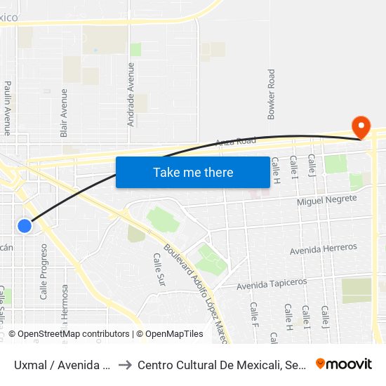 Uxmal / Avenida Guanajuato to Centro Cultural De Mexicali, Seminario Diocesano map
