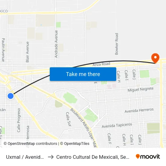 Uxmal / Avenida Durango to Centro Cultural De Mexicali, Seminario Diocesano map