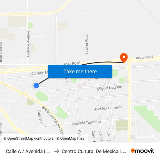 Calle A / Avenida Lerdo De Tejeda to Centro Cultural De Mexicali, Seminario Diocesano map